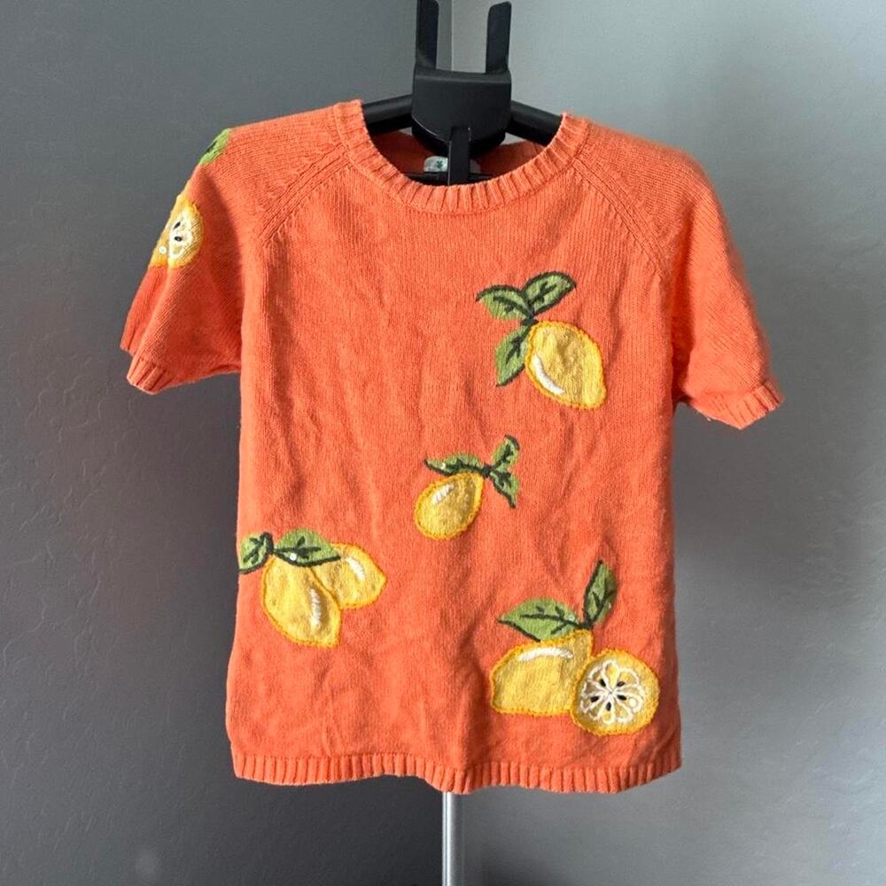 Orange Quacker Factory sweater with embroidered lemons